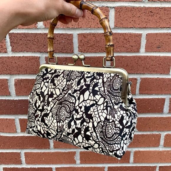 Chic Handmade Real hair-on-horsehide Black Lace Printed, Bamboo Handle Bag - Picture 9 of 16